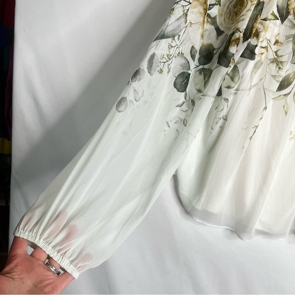 NWT Rachel Zoe Sheer Long Sleeve Blouse Ruffle Neck Floral Sz L Flowy Romantic - Picture 3 of 7